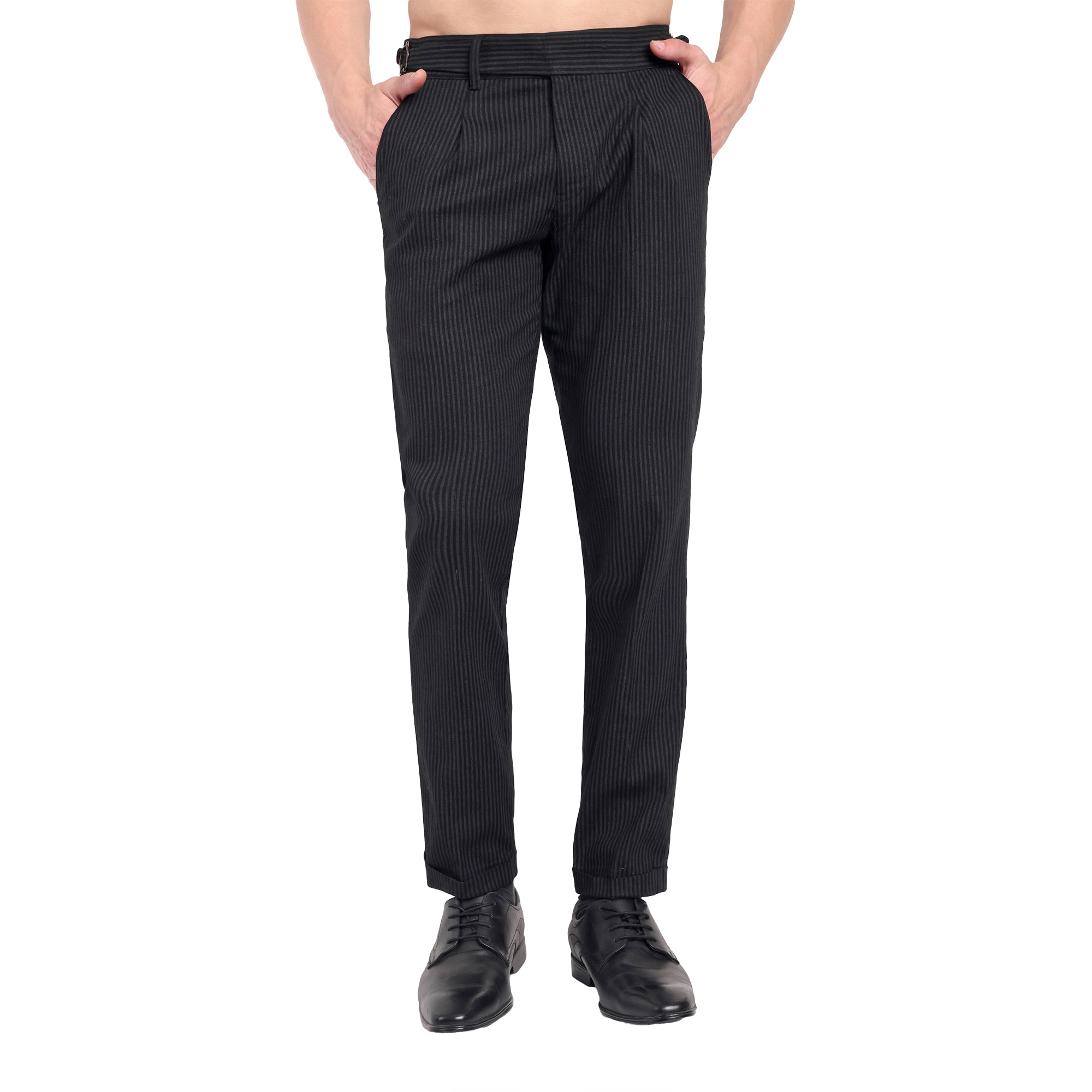 CHEMISTREE Men's Striped Linen Gurkha Pants | Korean Style High Waist Trousers Black