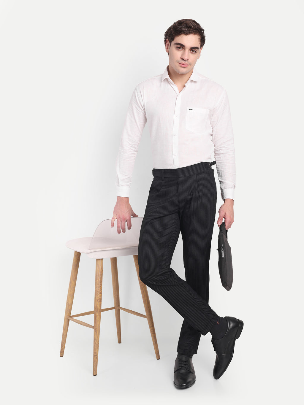 CHEMISTREE Men's Striped Linen Gurkha Pants | Korean Style High Waist Trousers Navy Blue