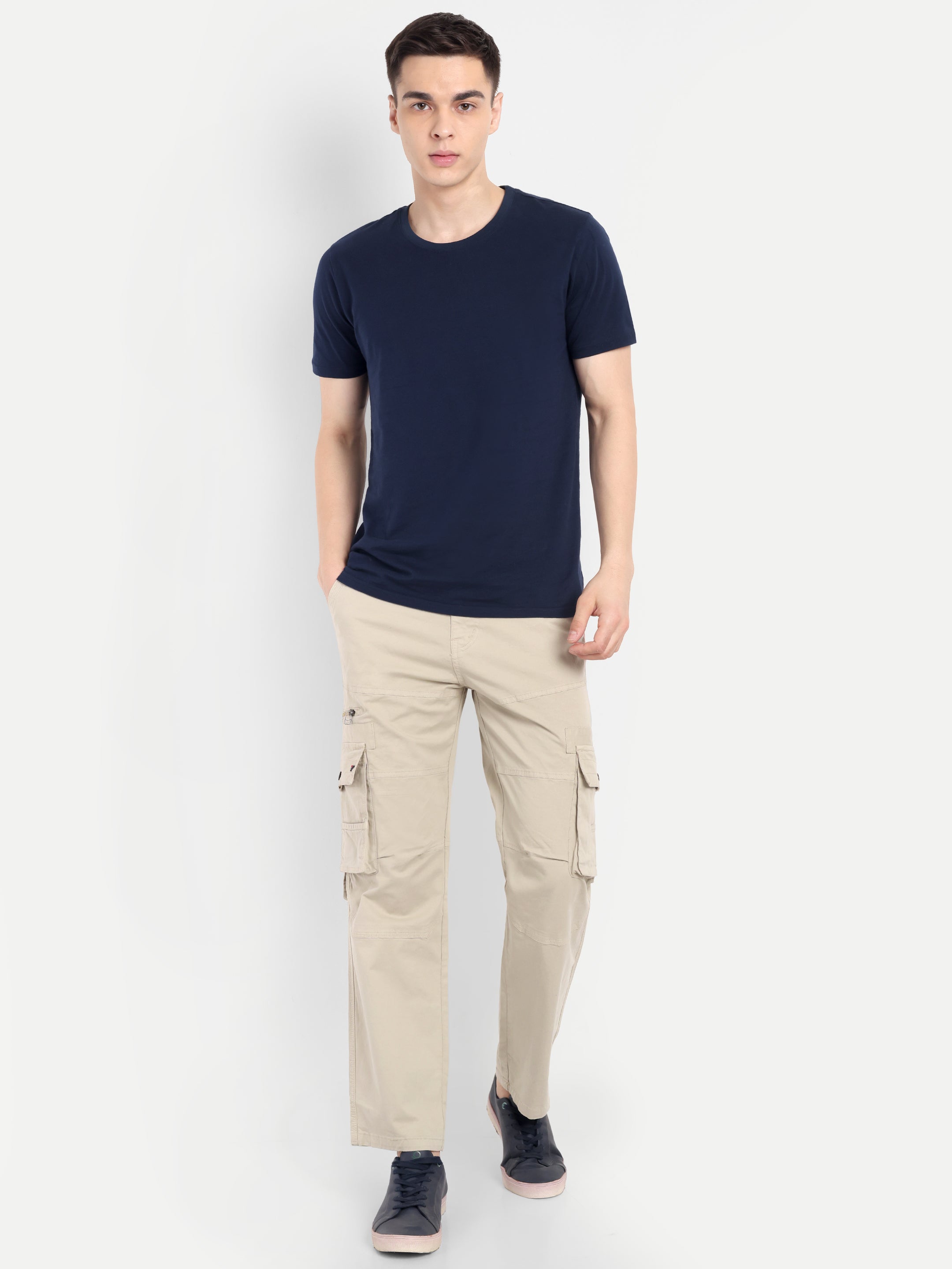 Light Beige Straight Fit Cargos for Men | High GSM