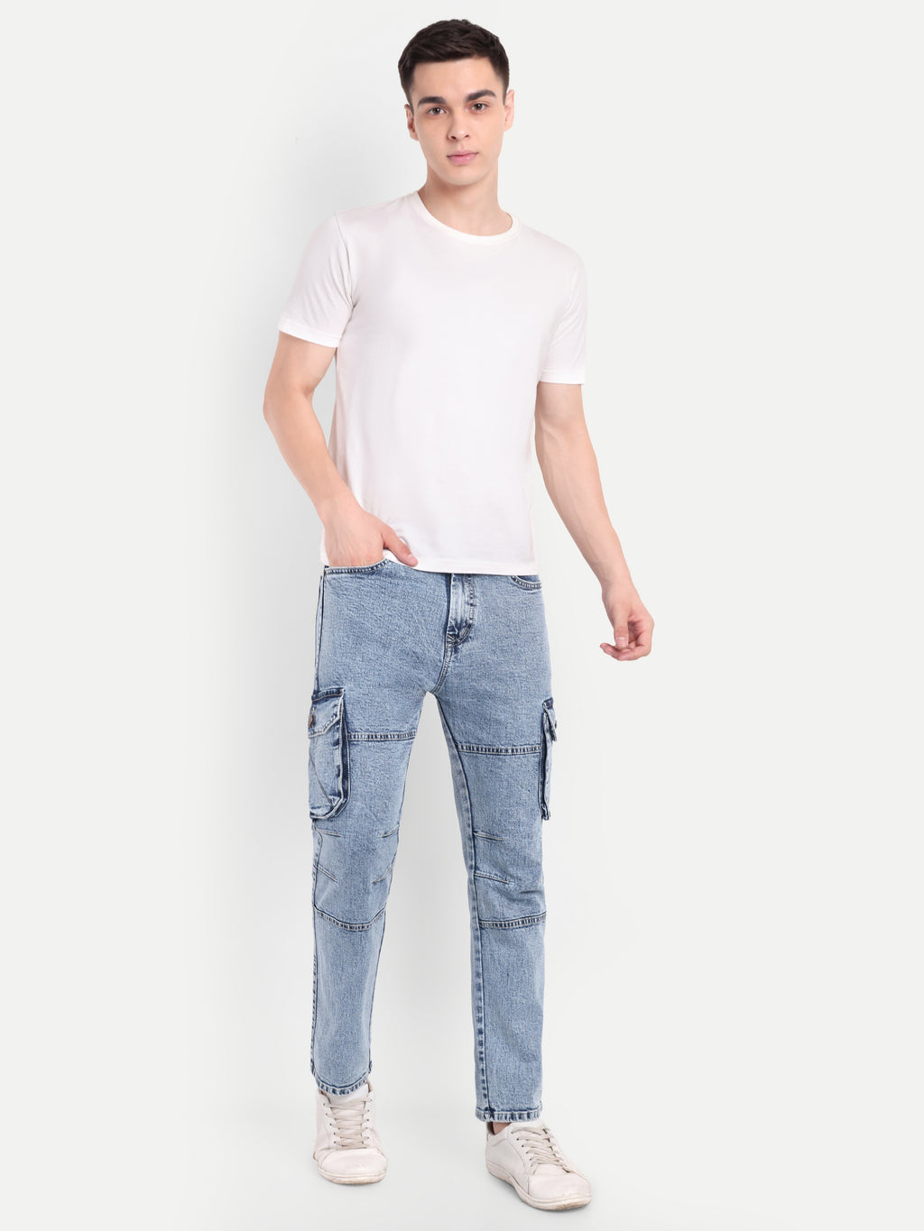 Ice Blue Denim Cargos for Men | Straight Fit