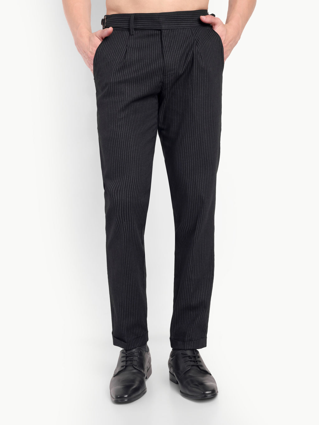 CHEMISTREE Men's Striped Linen Gurkha Pants | Korean Style High Waist Trousers Black