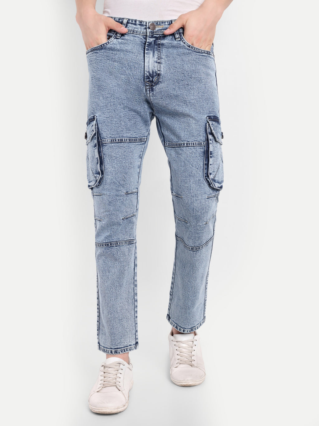 Ice Blue Denim Cargos for Men | Straight Fit