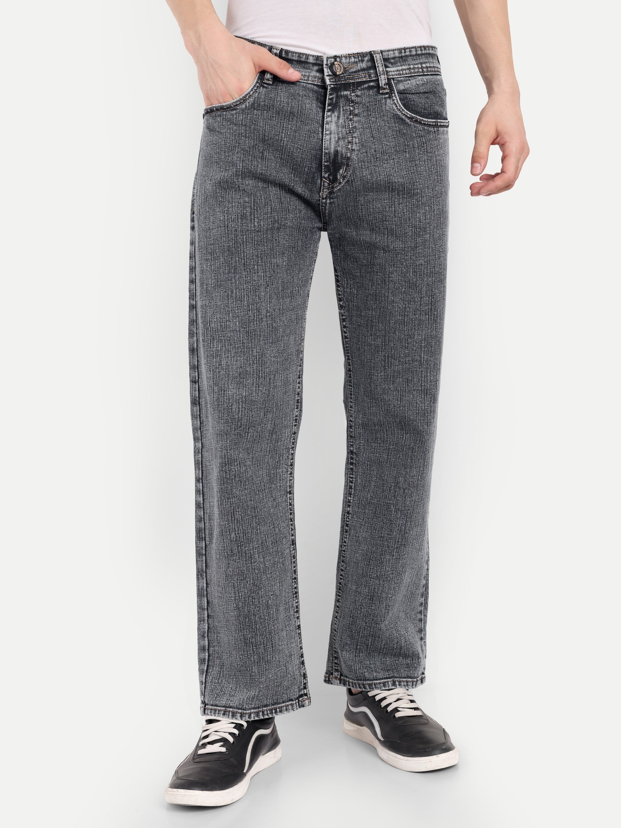 CJ-55790-1-28 || Grey-Black Men's Pant Stretchable, mid rise, clean look, 5 pockets, regular length, straight fit