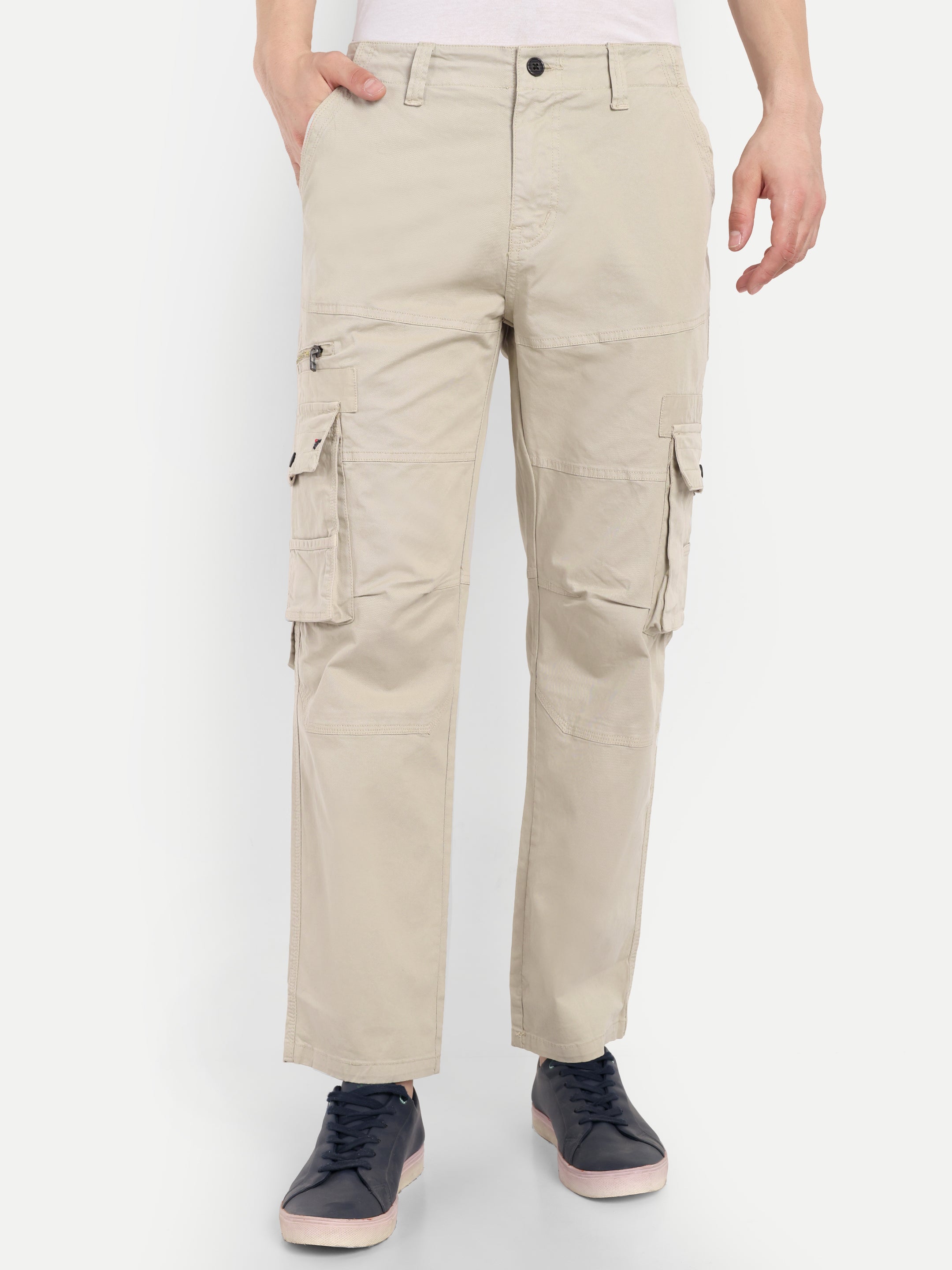 Light Beige Straight Fit Cargos for Men | High GSM