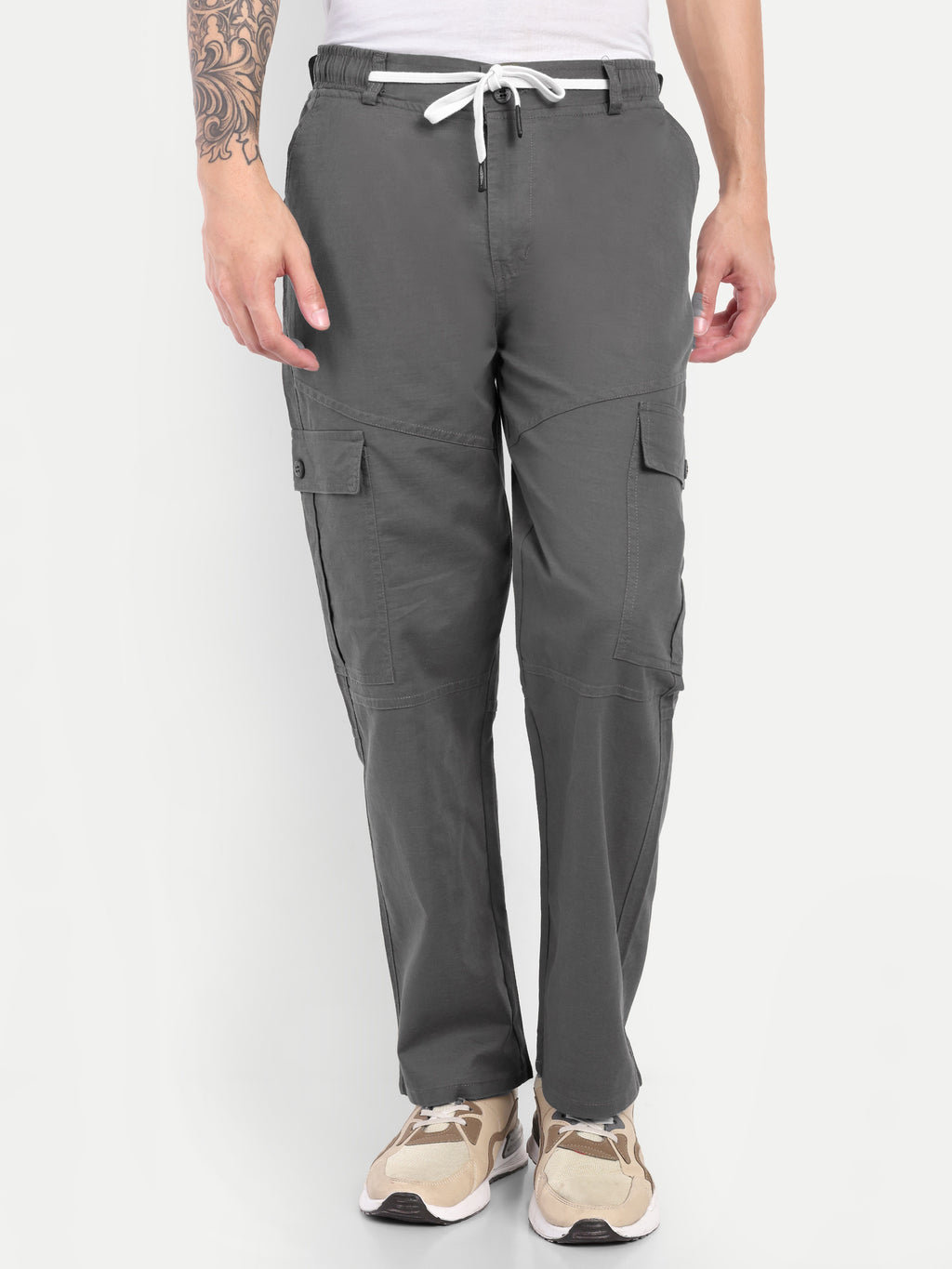 Men’s Grey Utility Cargo Pants with Drawstring Waist