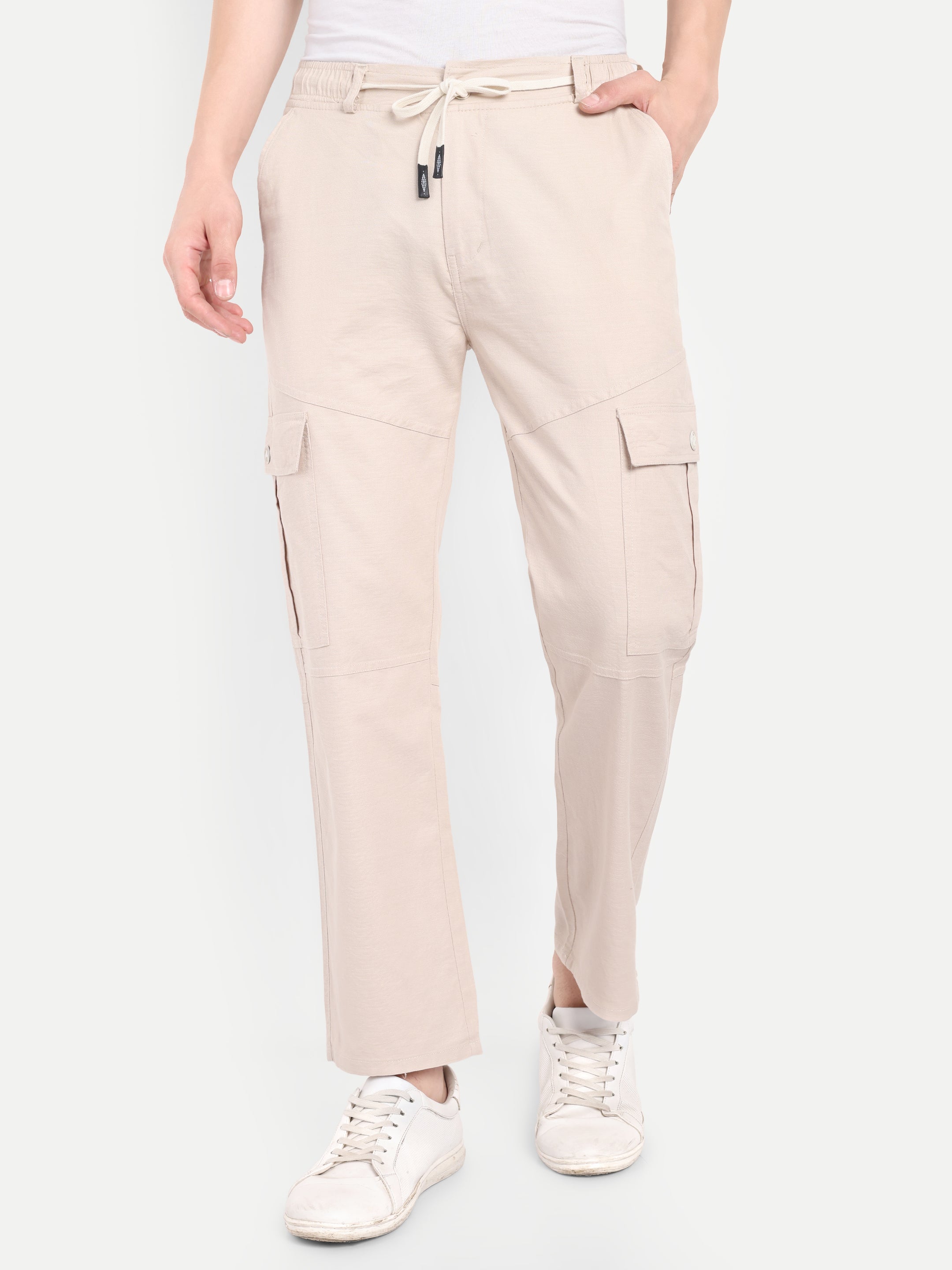 Men’s Off White Utility Cargo Pants with Drawstring Waist