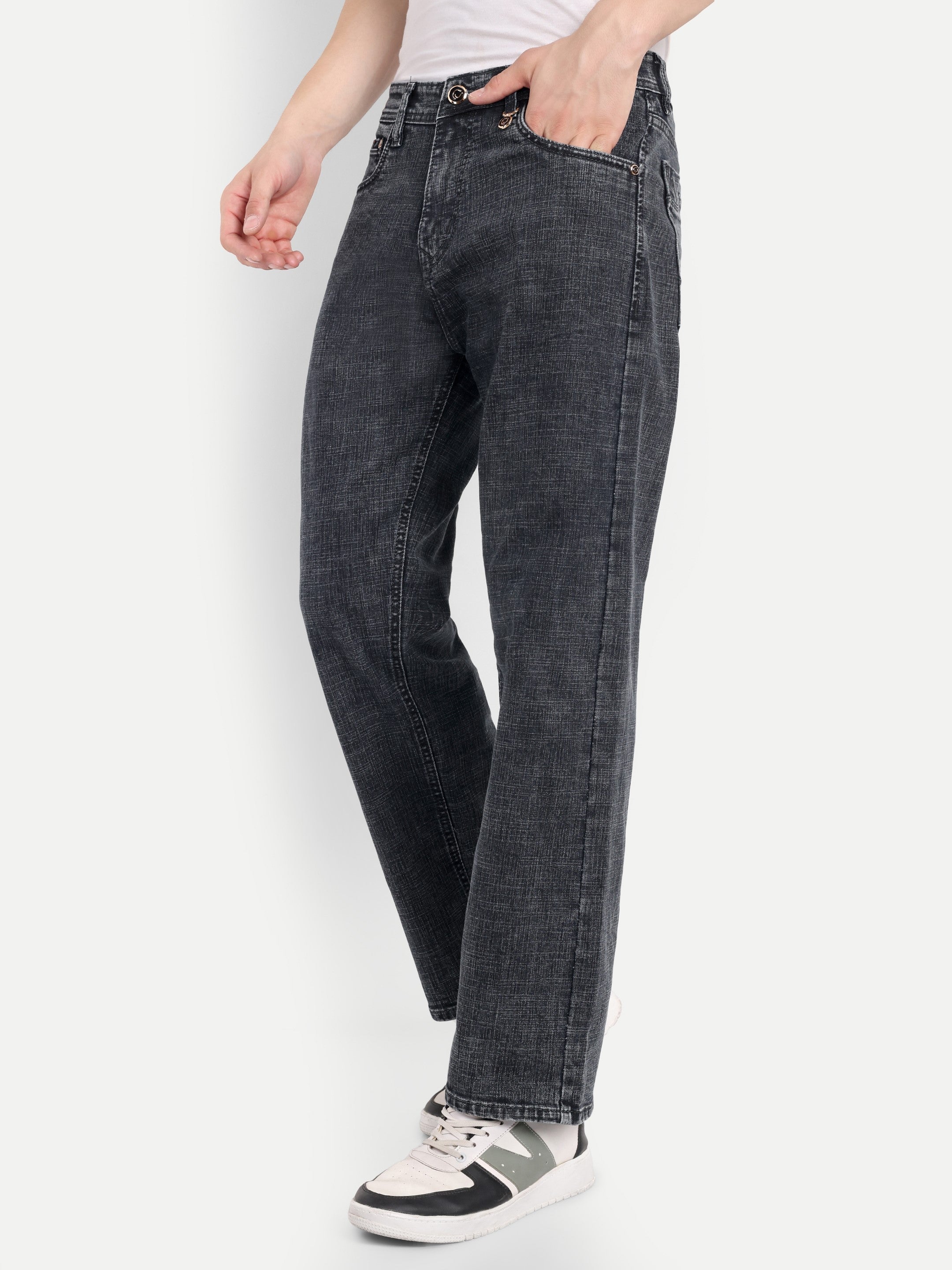 CJ-55690-2-28 || Ash Black Men's Pant Stretchable, mid rise, clean look, 5 pockets, regular length, straight fit