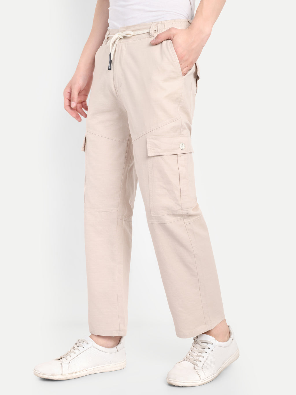 Men’s Off White Utility Cargo Pants with Drawstring Waist