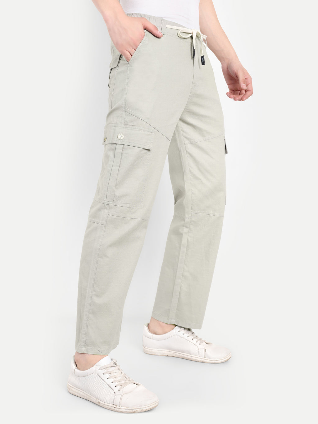 Men’s White Utility Cargo Pants with Drawstring Waist