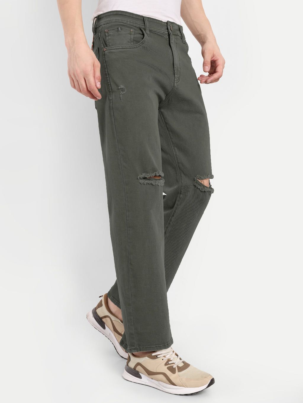 Straight Fit Denim jeans for men | Earth Green | Knee Slit