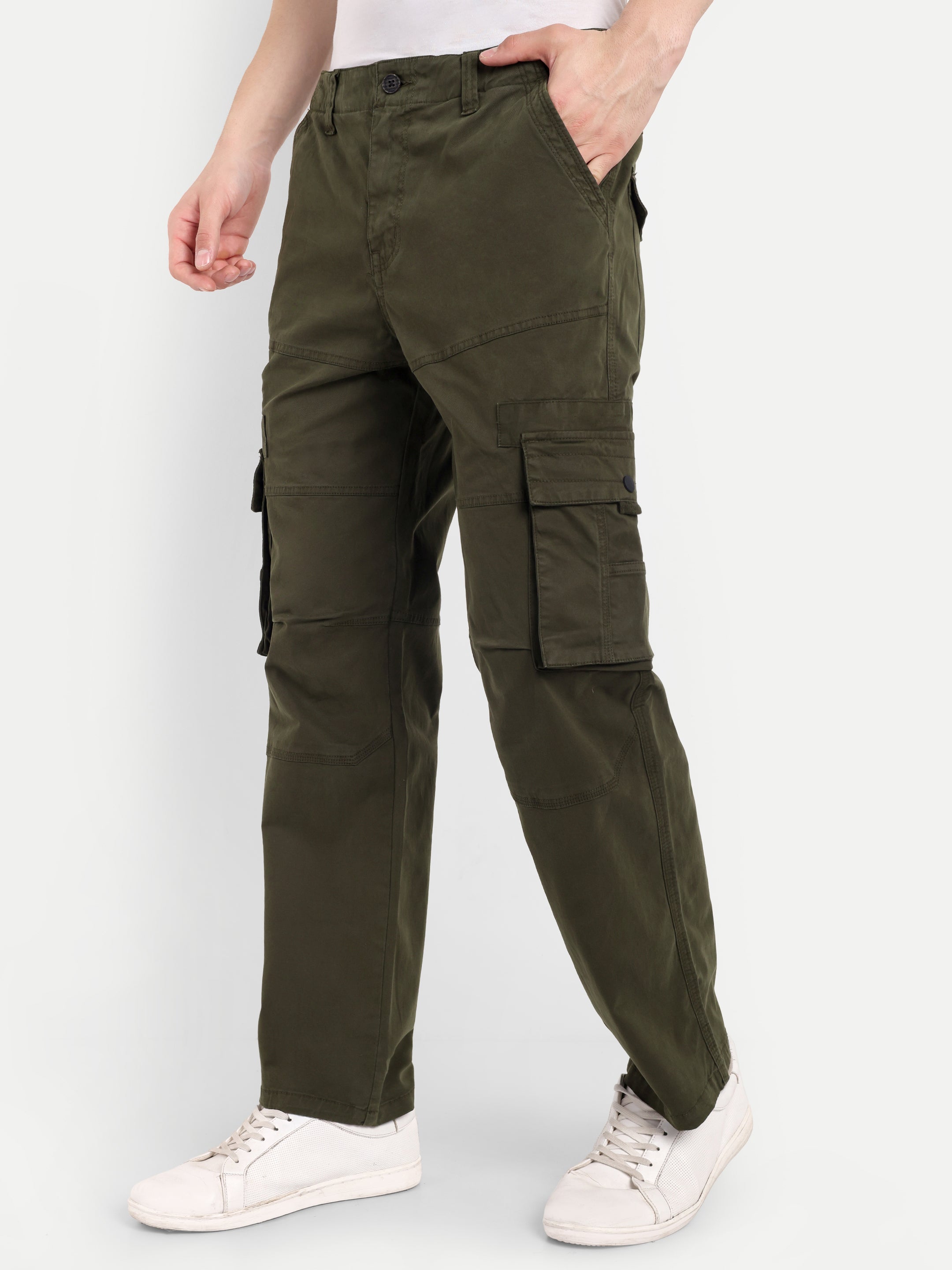 Olive Green straight fit cargo for men | High GSM