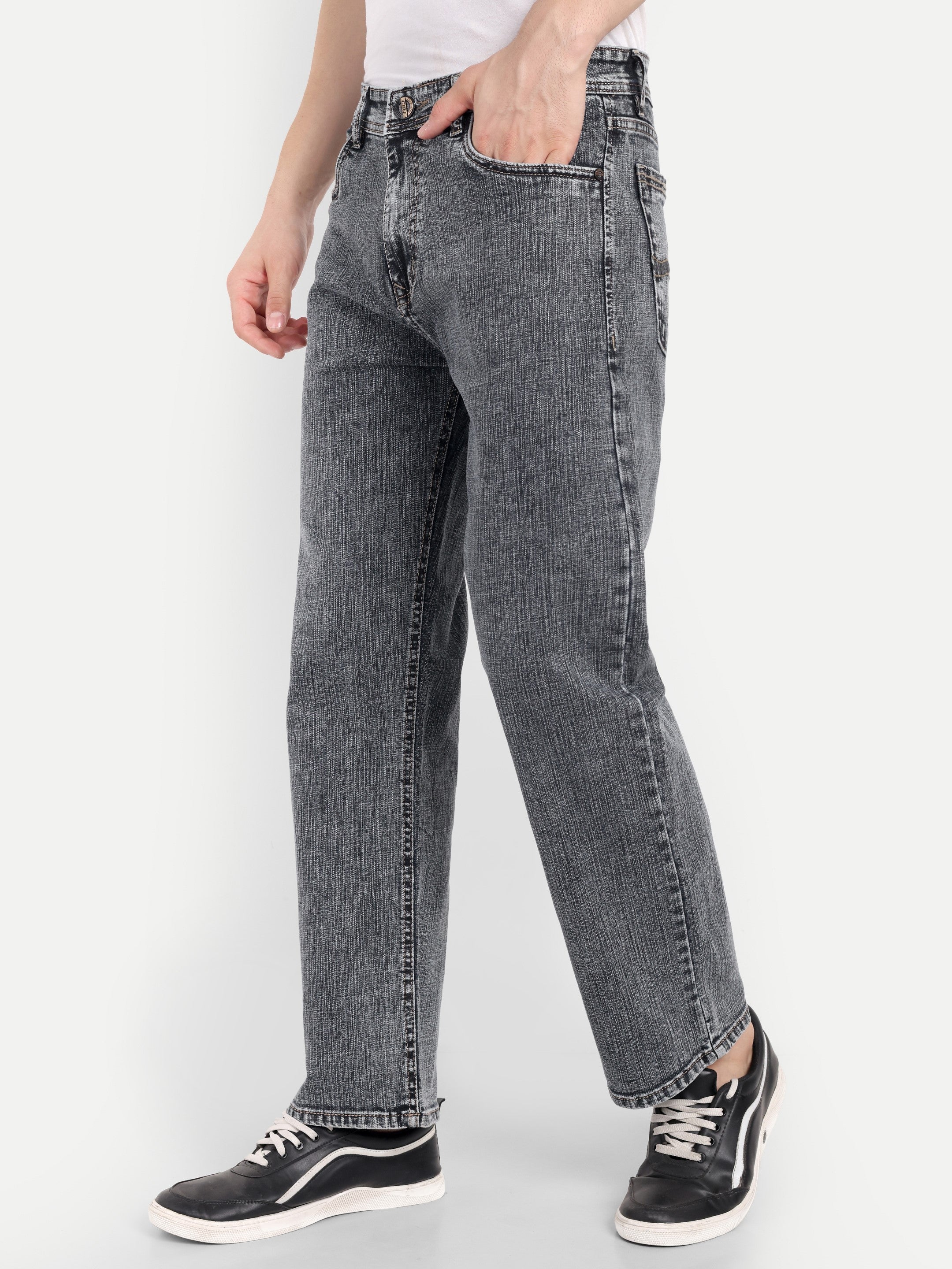 CJ-55790-1-28 || Grey-Black Men's Pant Stretchable, mid rise, clean look, 5 pockets, regular length, straight fit