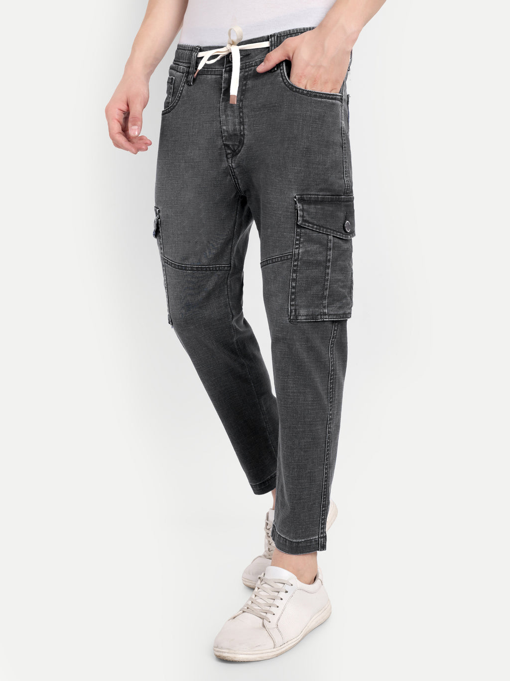 Grey-Black Men's denim cargo | Carrot Fit