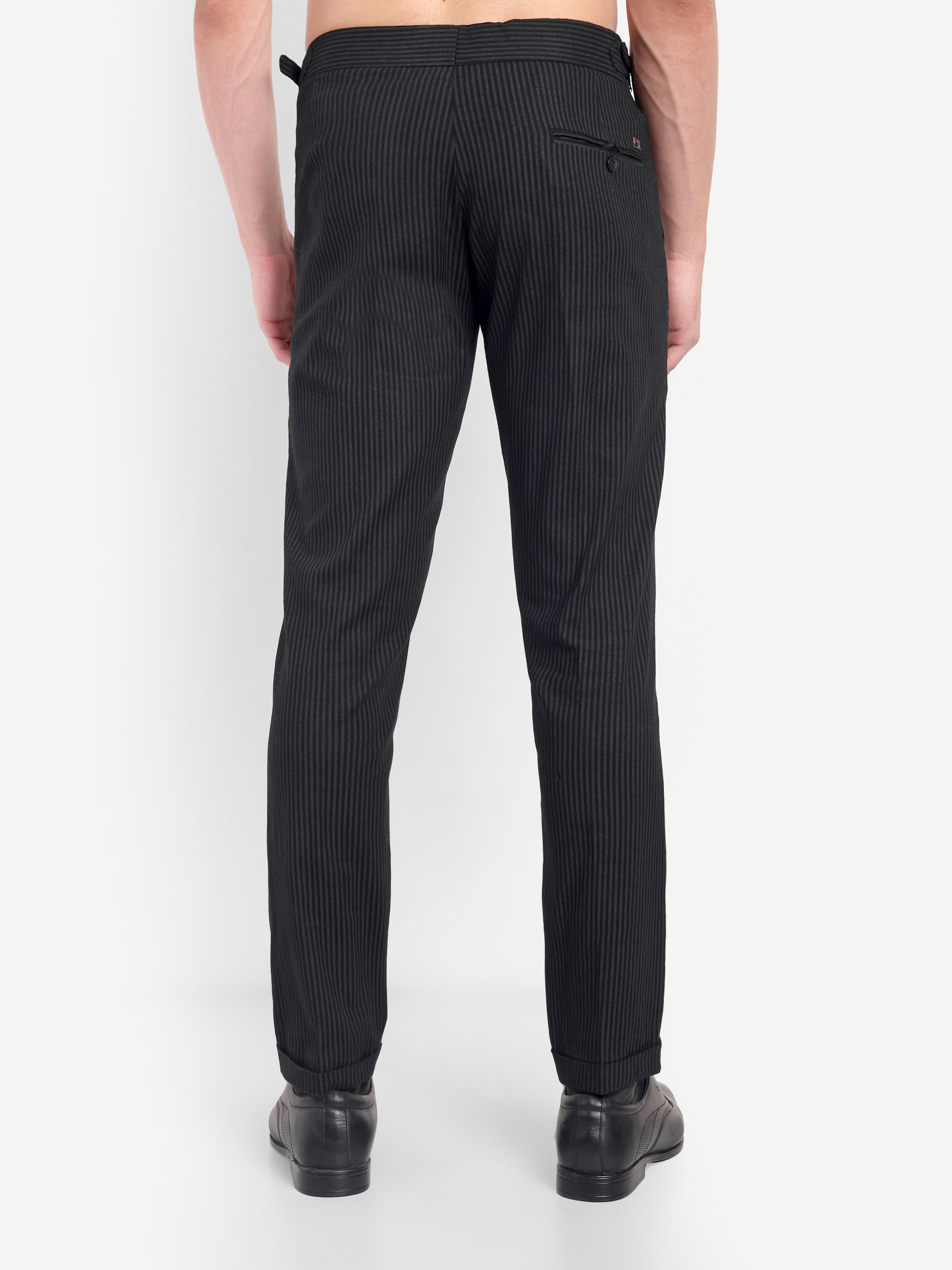 CHEMISTREE Men's Striped Linen Gurkha Pants | Korean Style High Waist Trousers Black