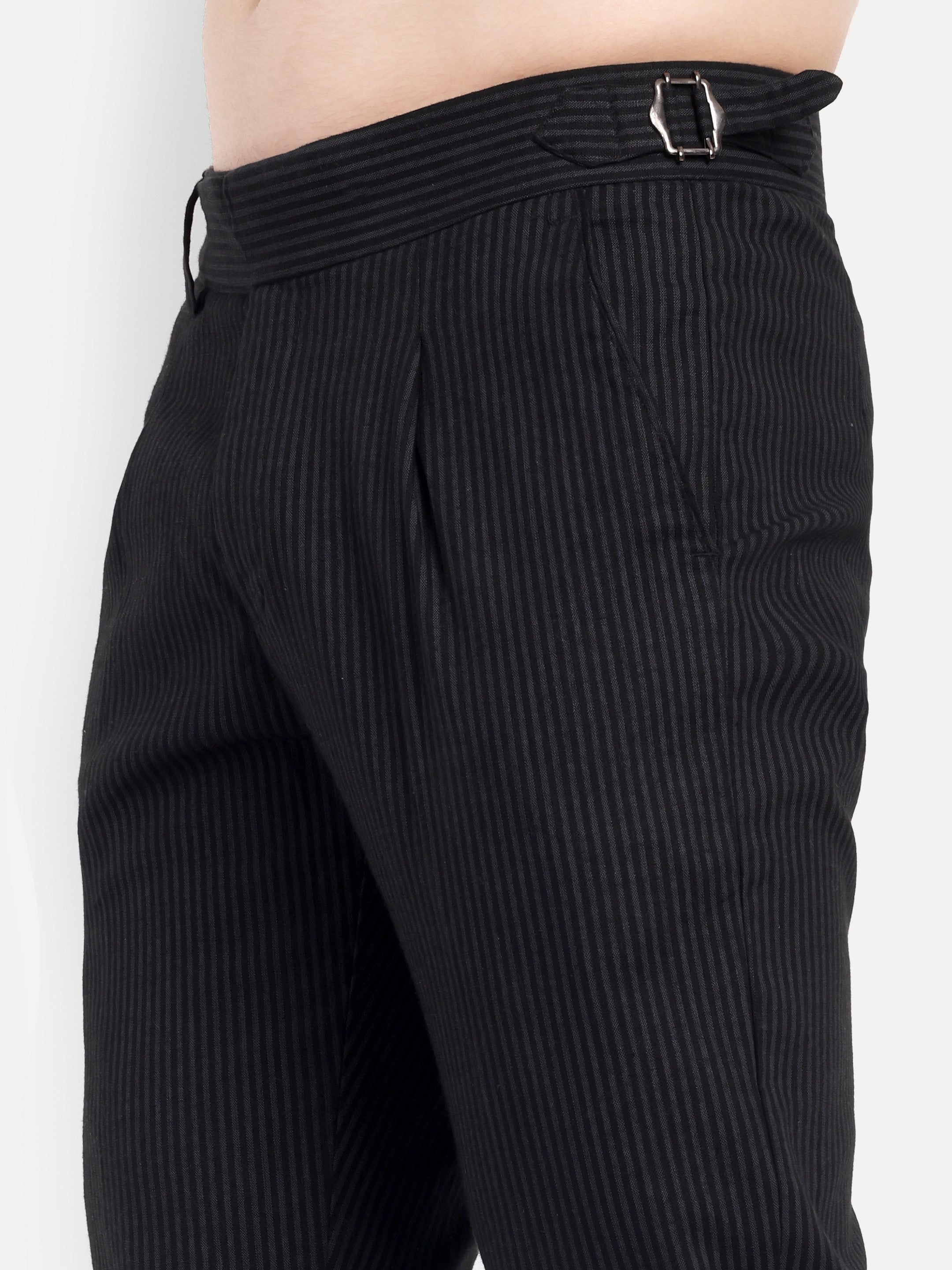 CHEMISTREE Men's Striped Linen Gurkha Pants | Korean Style High Waist Trousers Black