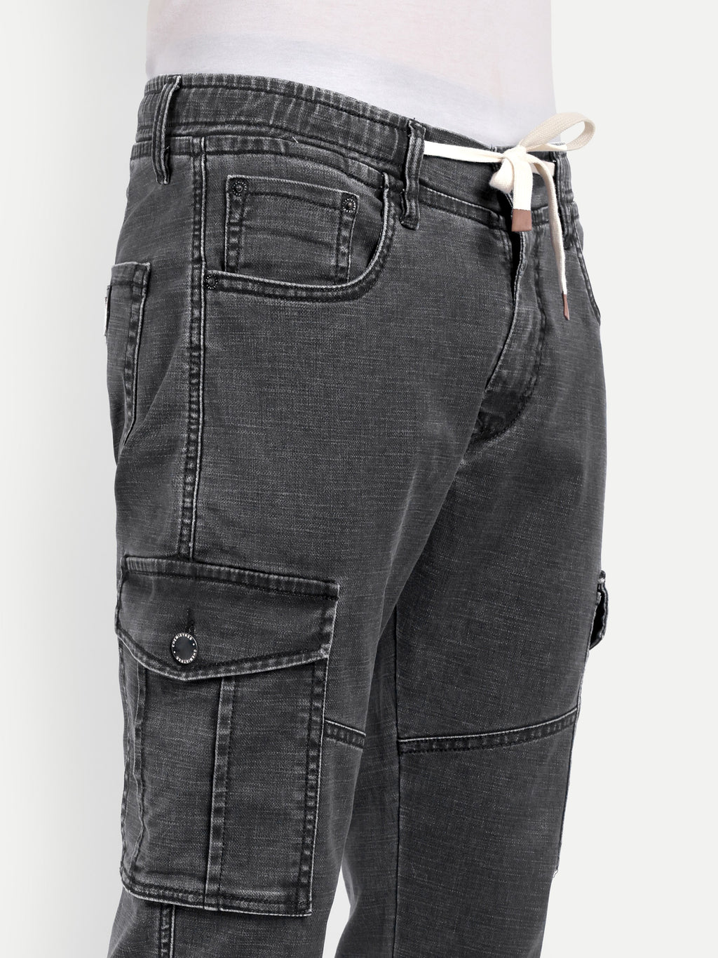Grey-Black Men's denim cargo | Carrot Fit