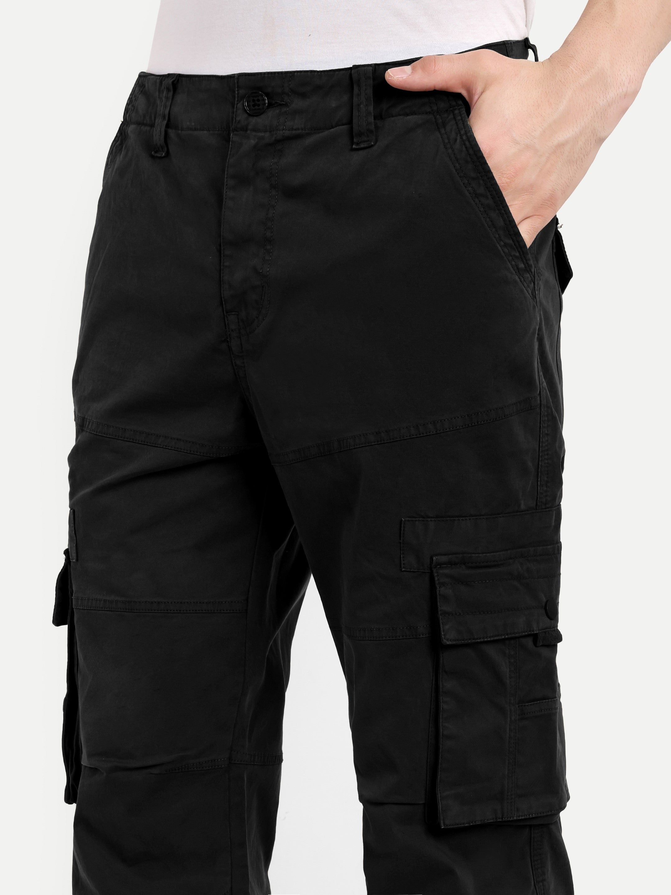 Black straight fit cotton cargo for men | High GSM