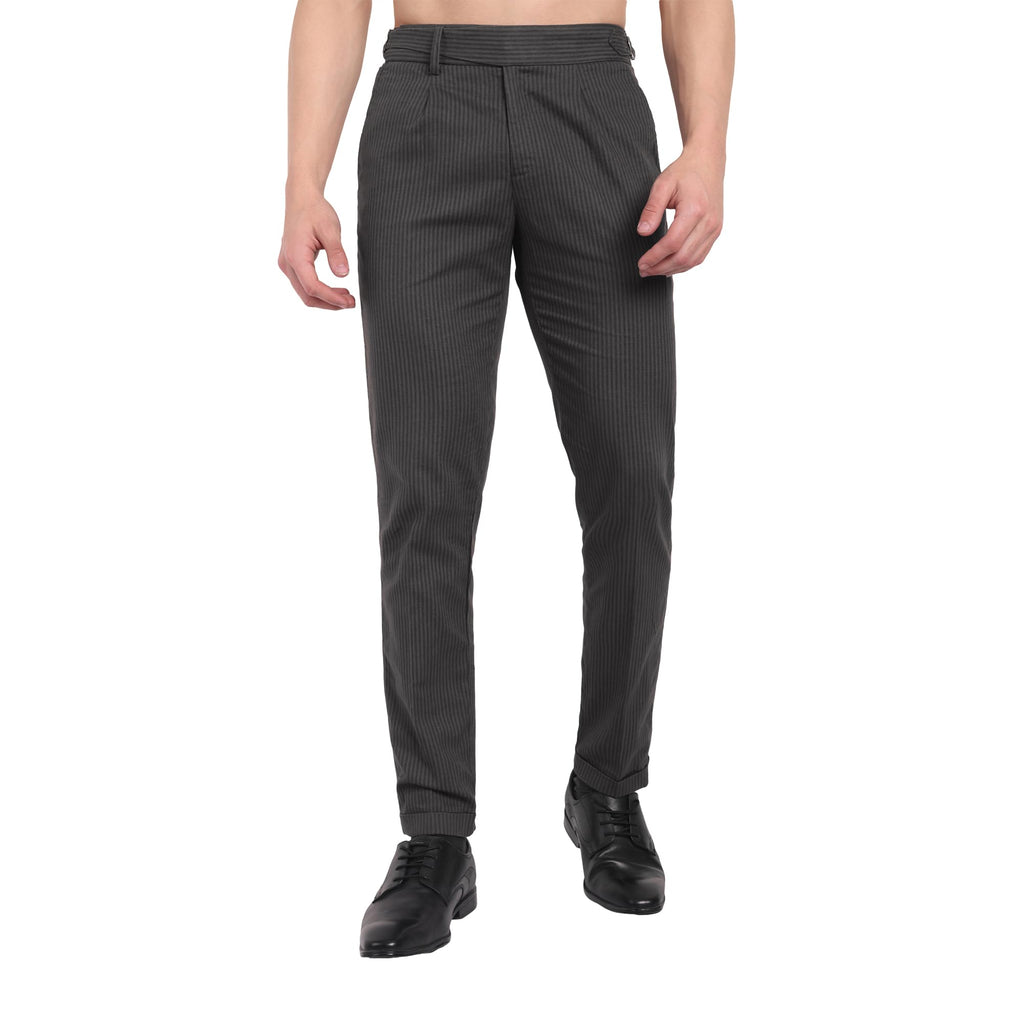 CHEMISTREE Men's Striped Linen Gurkha Pants | Korean Style High Waist Trousers Grey