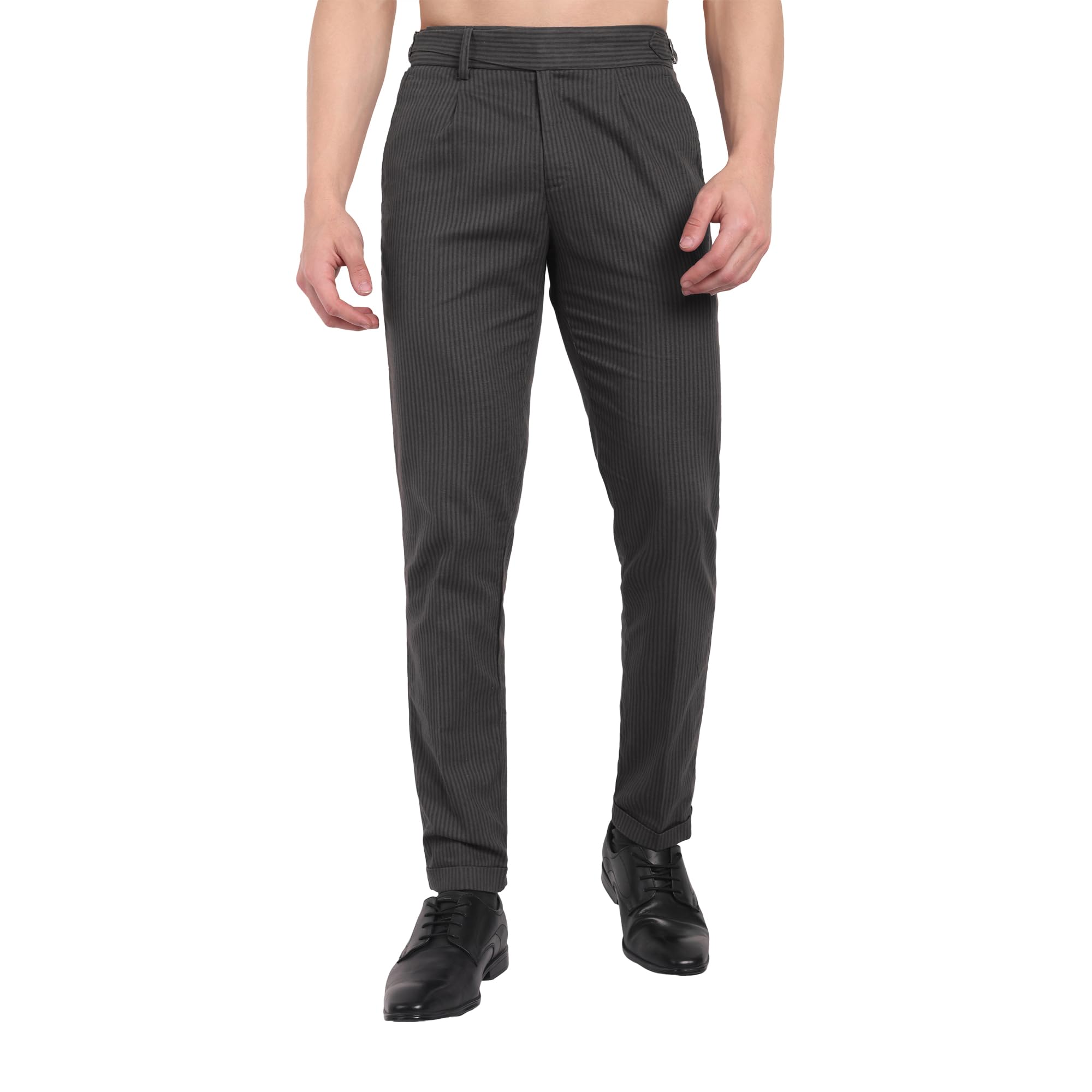 CHEMISTREE Men's Striped Linen Gurkha Pants | Korean Style High Waist Trousers Grey
