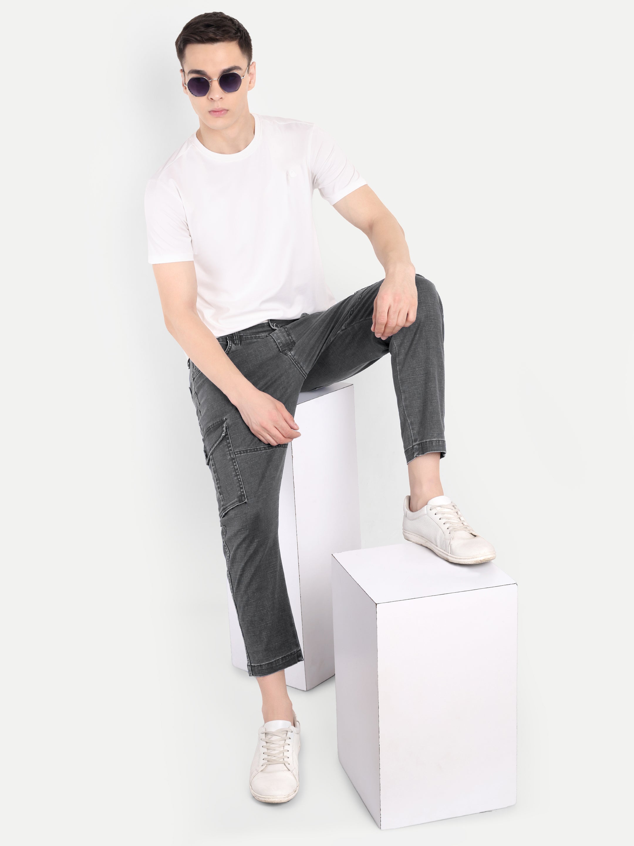 Grey-Black Men's denim cargo | Carrot Fit