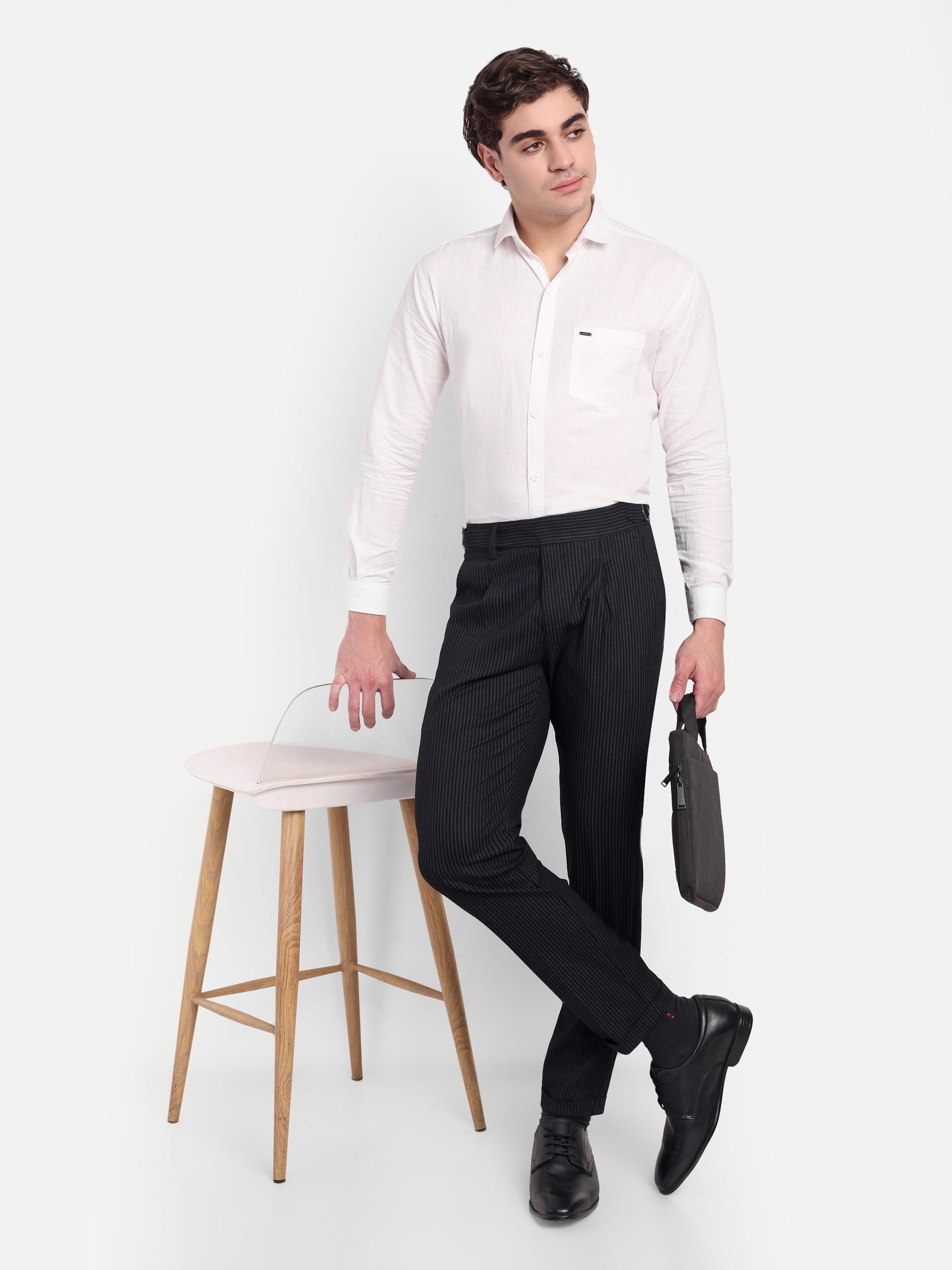 CHEMISTREE Men's Striped Linen Gurkha Pants | Korean Style High Waist Trousers Black