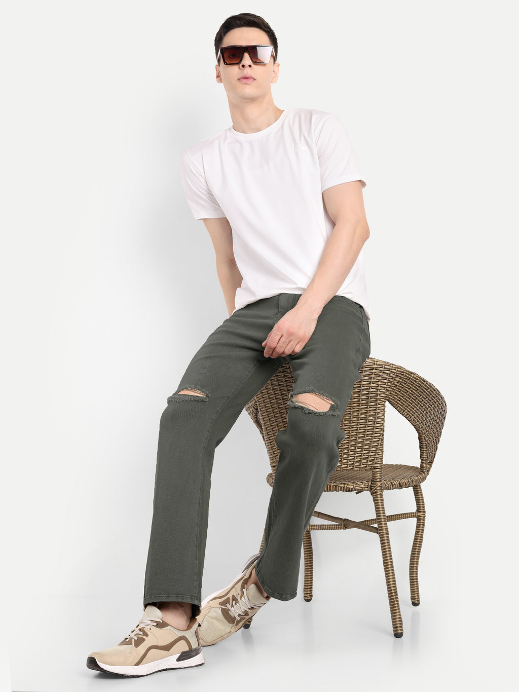Straight Fit Denim jeans for men | Earth Green | Knee Slit