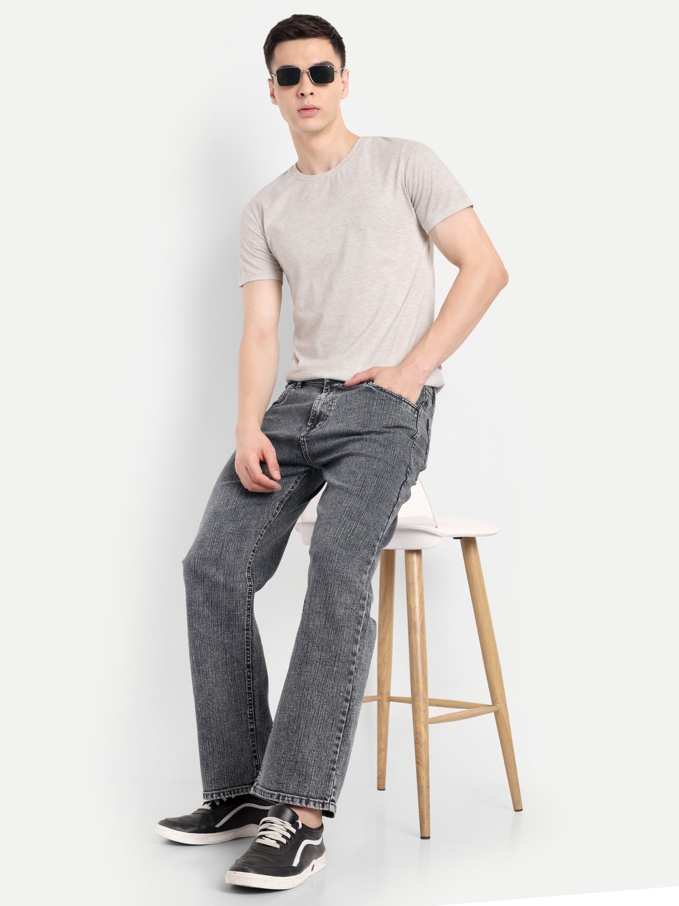 CJ-55790-1-28 || Grey-Black Men's Pant Stretchable, mid rise, clean look, 5 pockets, regular length, straight fit