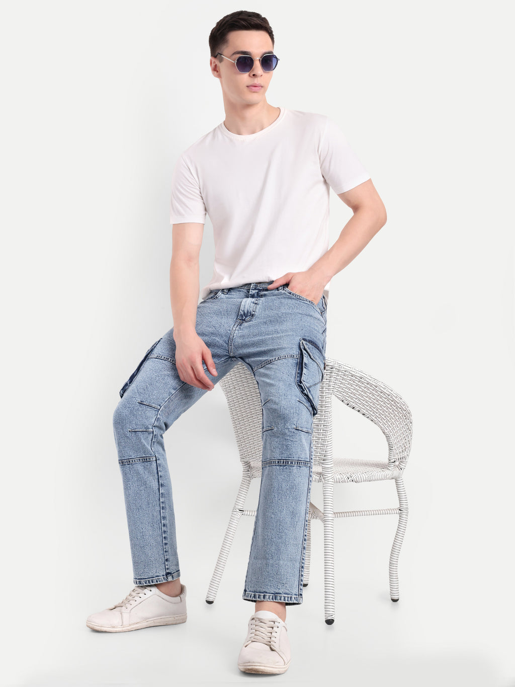 Ice Blue Denim Cargos for Men | Straight Fit