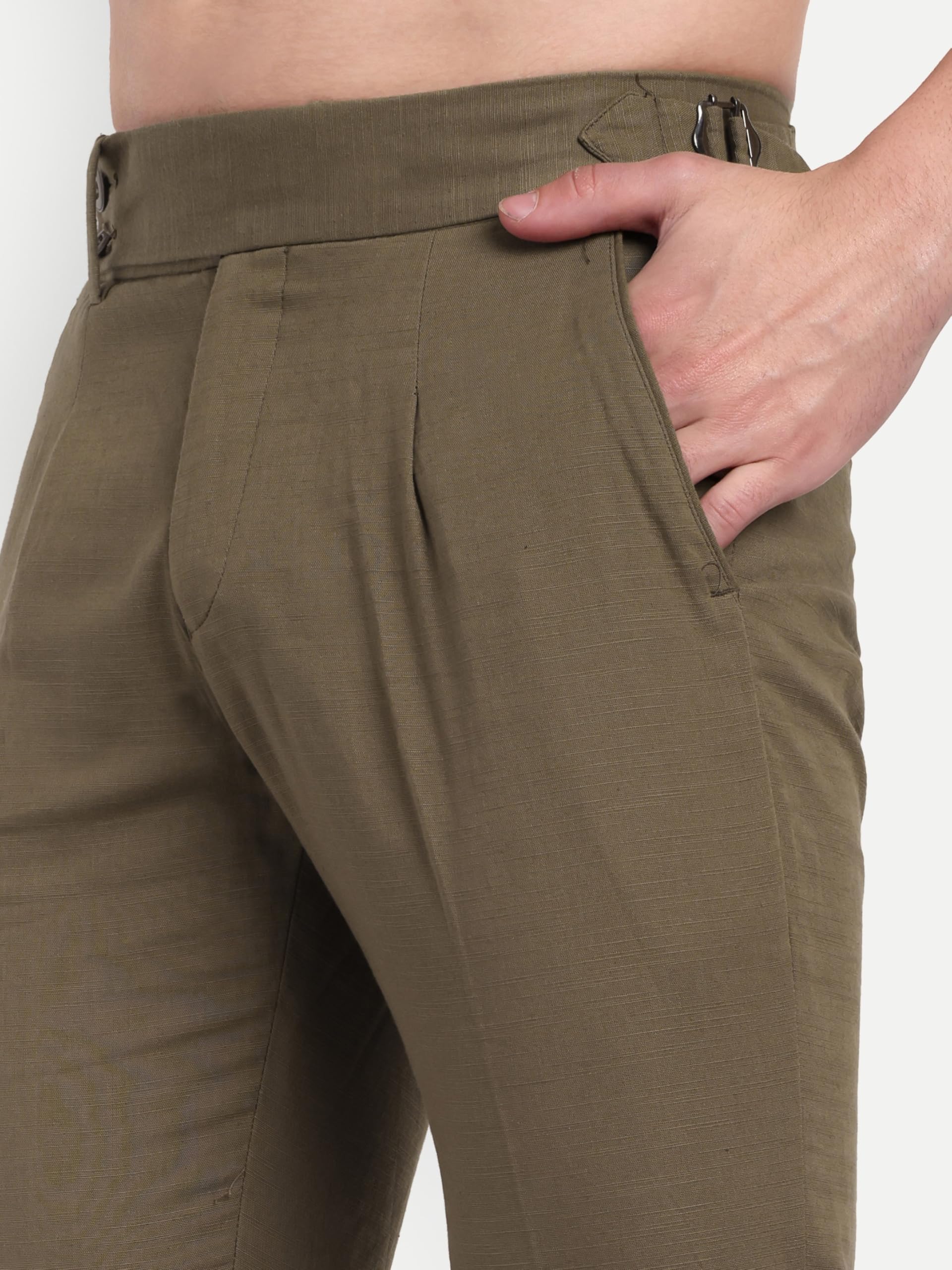 CHEMISTREE Men's Striped Linen Gurkha Pants | Korean Style High Waist Trousers Beige